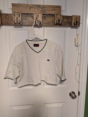 Kappa White Cropped V-Neck Tee with Navy Trim